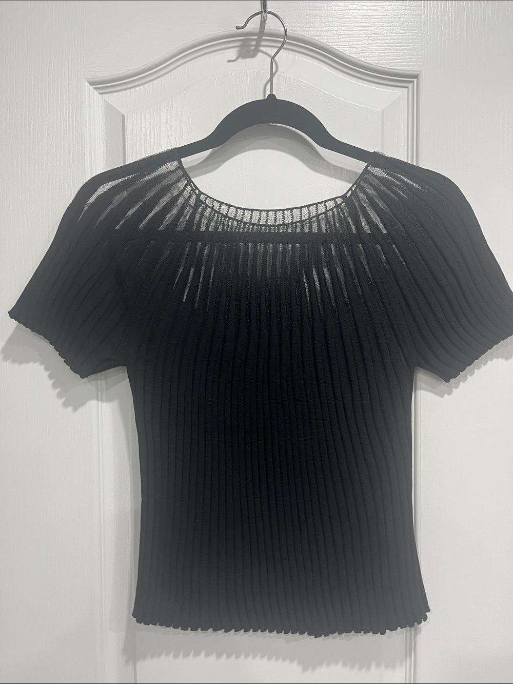 Black Ribbed Short-Sleeve Knit Top